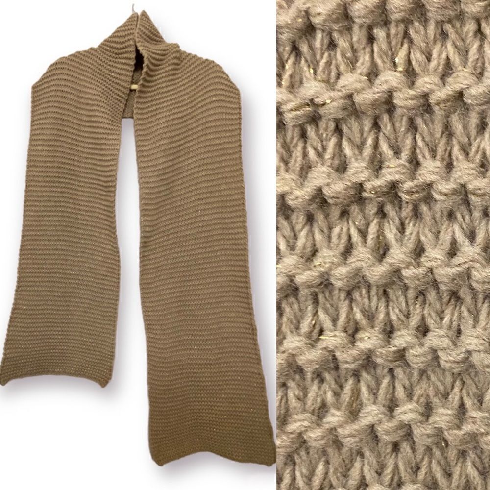 Tan beige gold sparkle thread made in Italy chunky knit scarf Shawl 10x88
